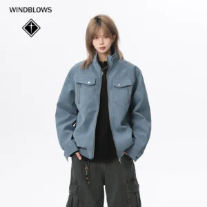 WIND BLOWS American retro stand up collar workwear jacket for men and women in spring and autumn 2026, PU leather jacket with cotton jacket